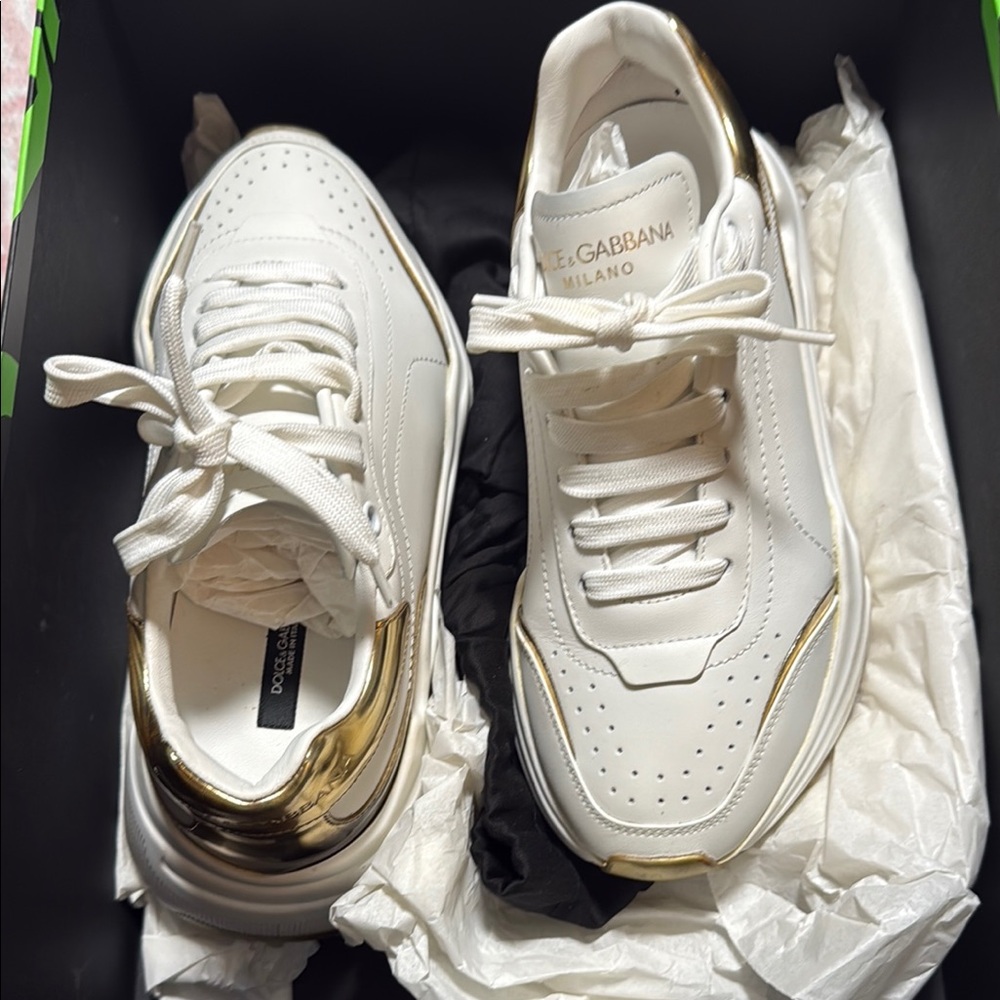 Dolce & Gabbana White Sneakers with Gold Trim